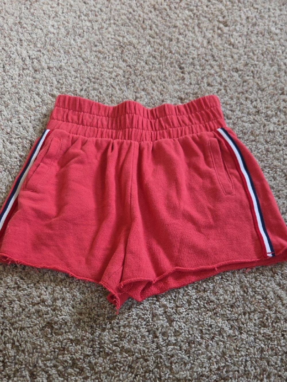 SO Coral-Red Athletic Terry Shorts with Navy & White Side Stripes